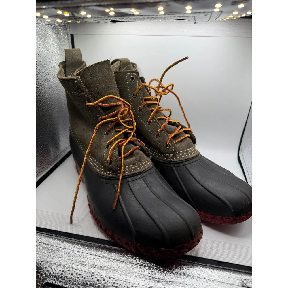 LL Bean Boots 6 Inch Suede Duck Boots Mens 12 M Olive Green Red Black 503480 USA